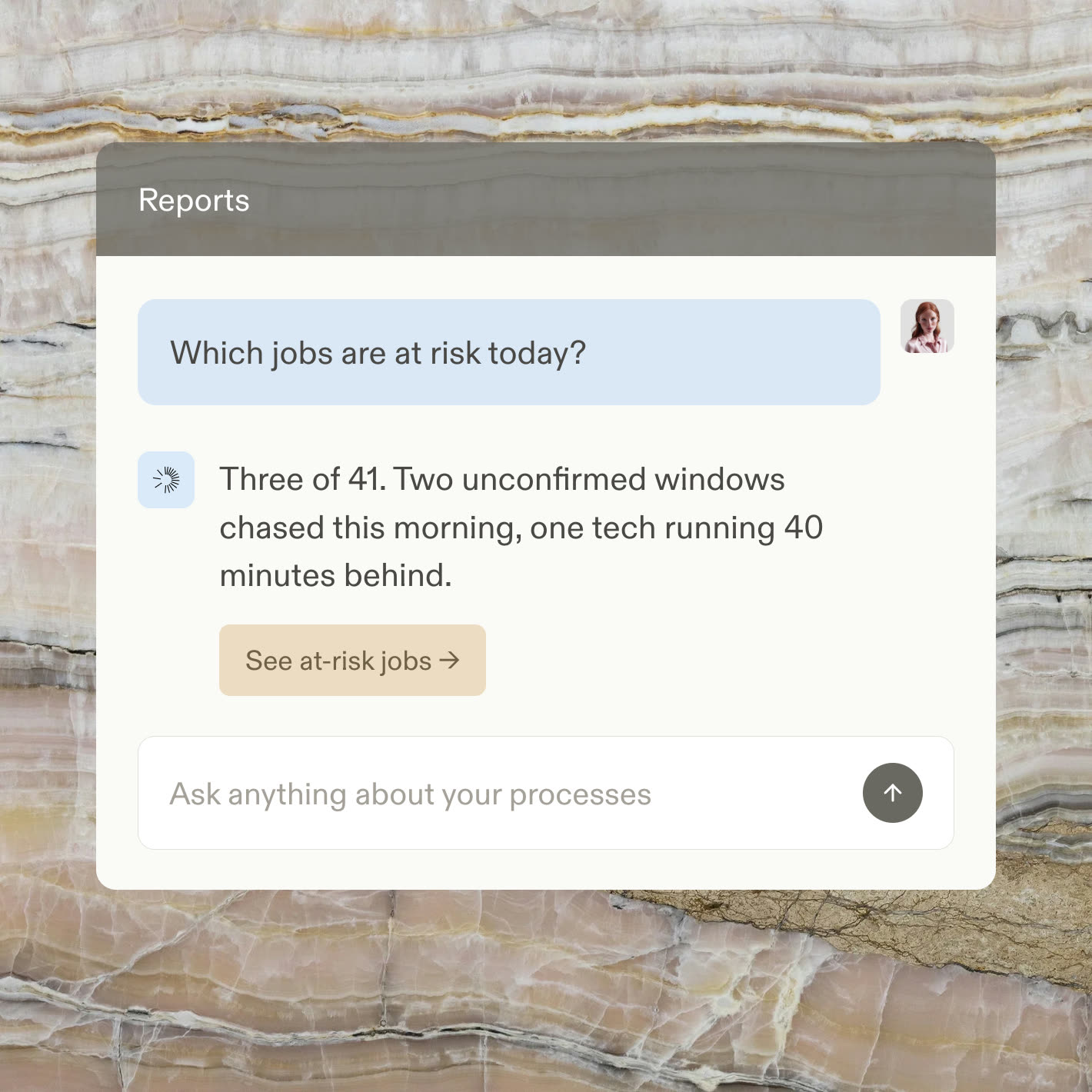 A reports chat answering which dispatch jobs are at risk today