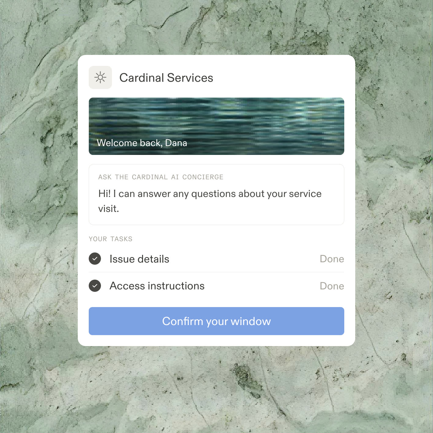 A branded page where a customer confirms a service window