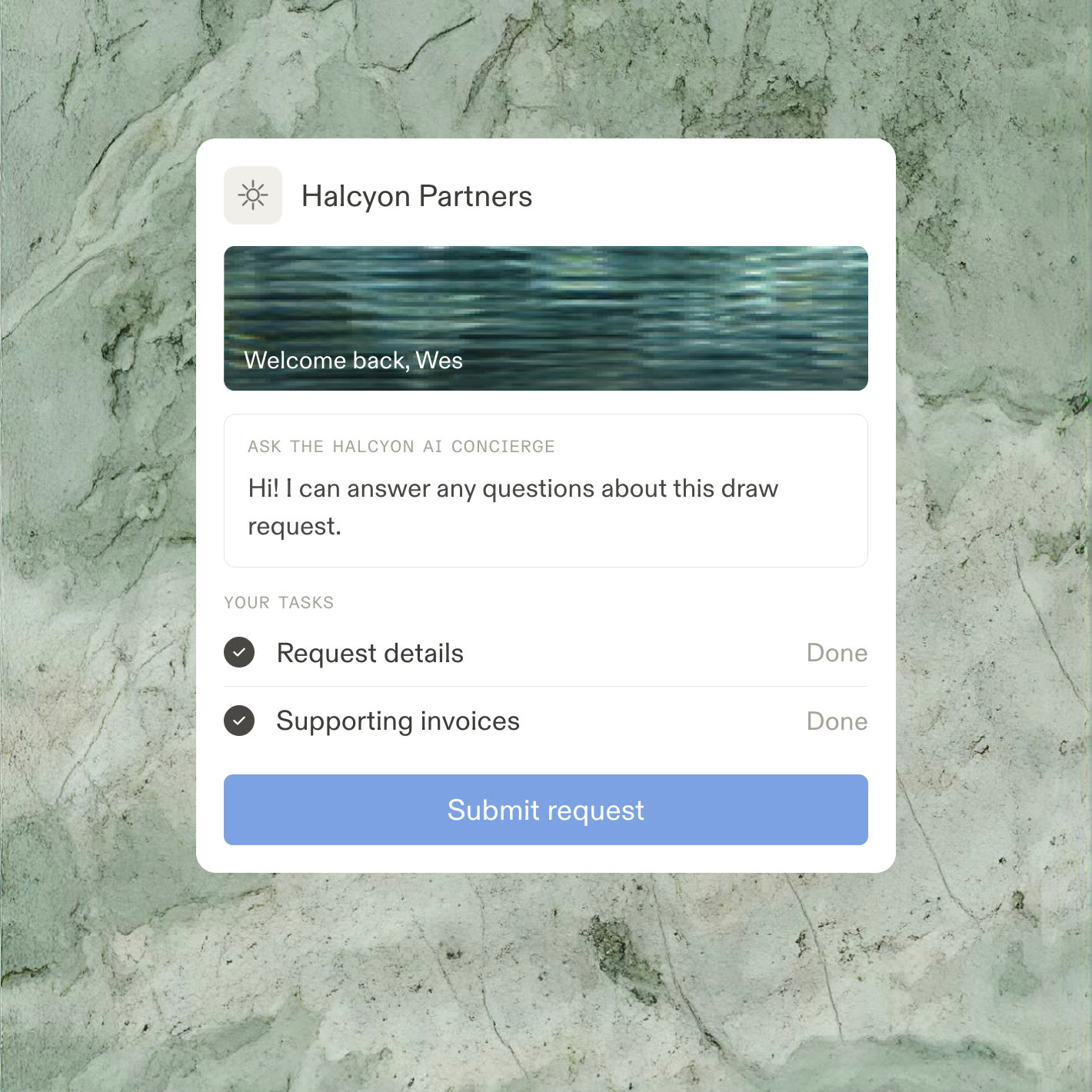 A branded page where a requester submits a draw request with support
