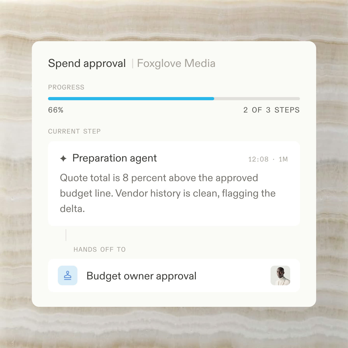 An approval flow handing off a decision-ready request to an approver