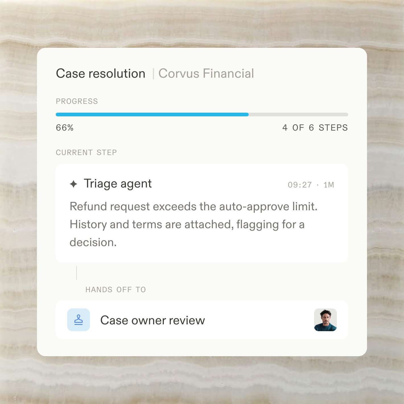 A case flow handing off a drafted outcome to a named owner for approval