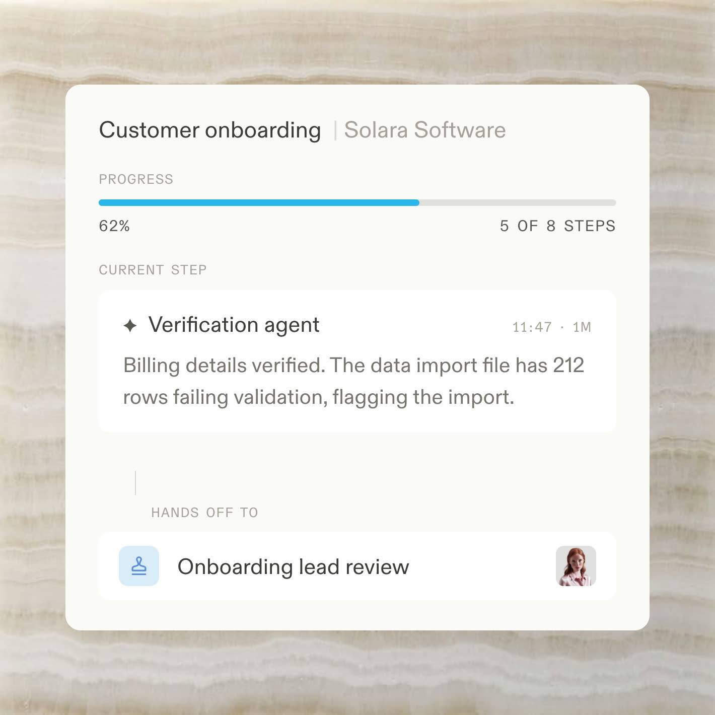 An onboarding flow handing off a go-live decision to a named owner