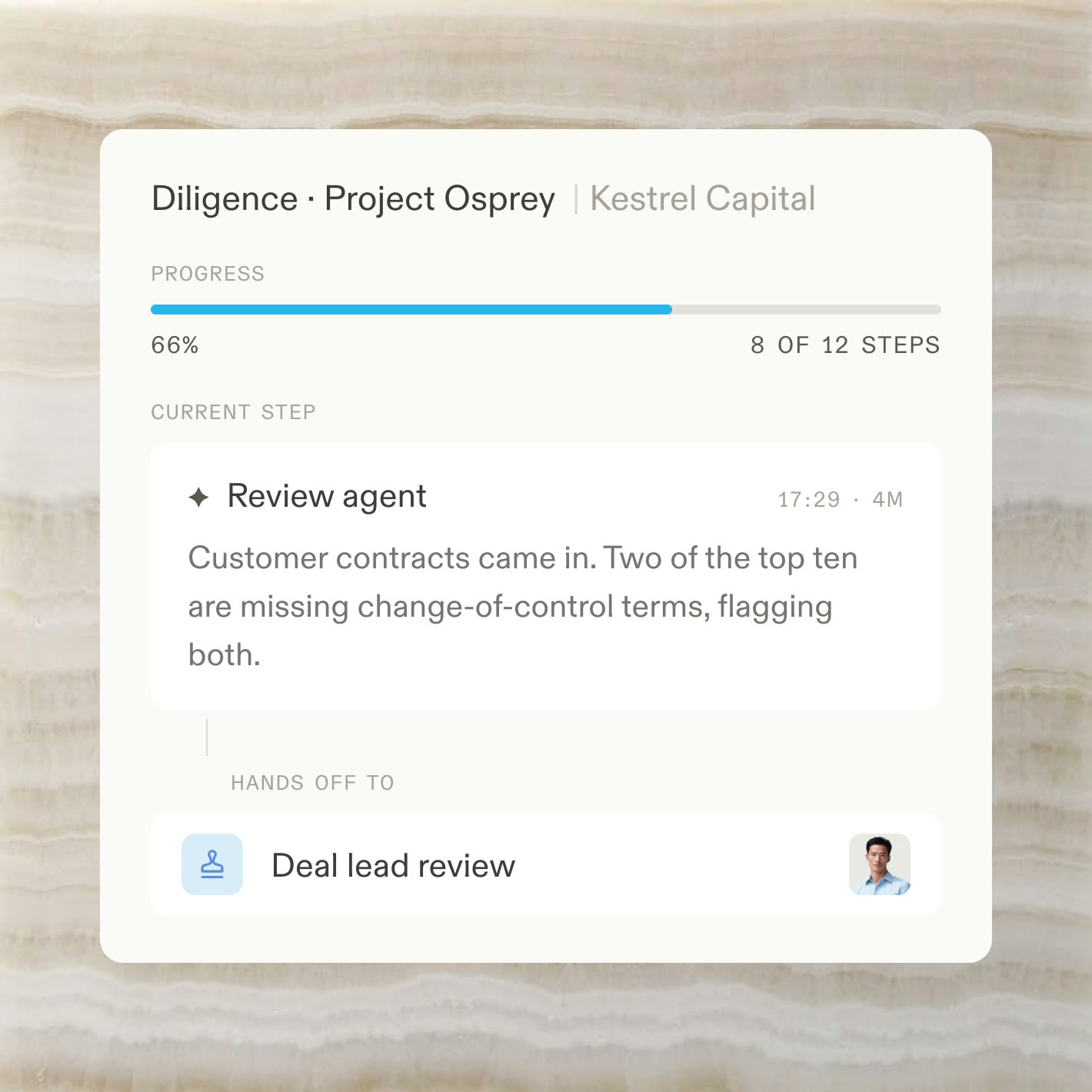 A diligence flow handing off summarized findings to the deal lead