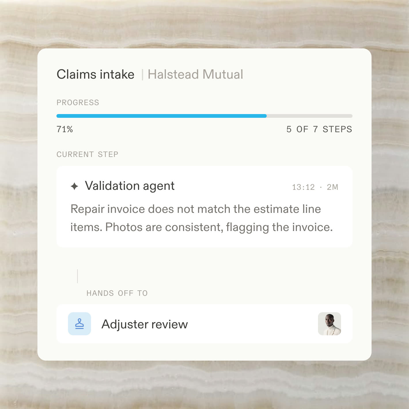 A claims flow handing off a prepared file from the validation agent to adjuster review