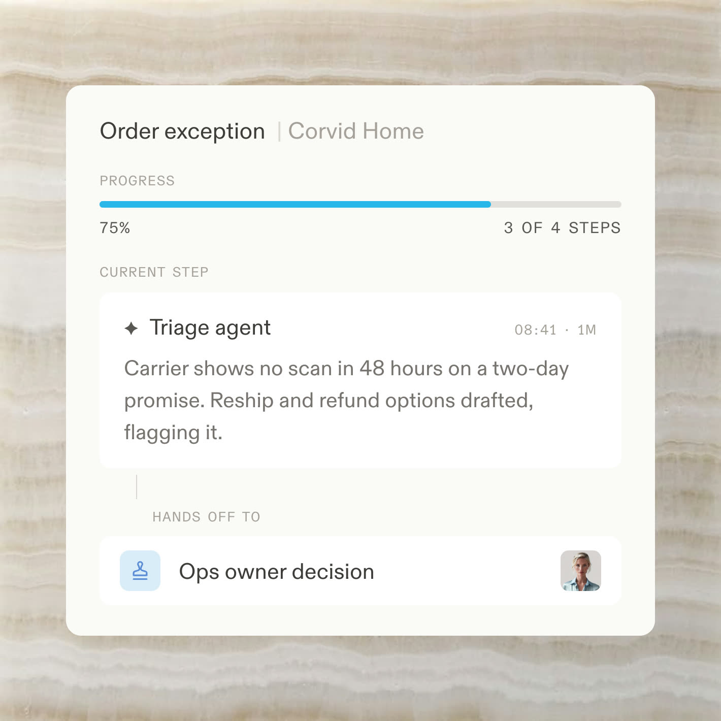 An order exception flow handing off a drafted fix to a named owner