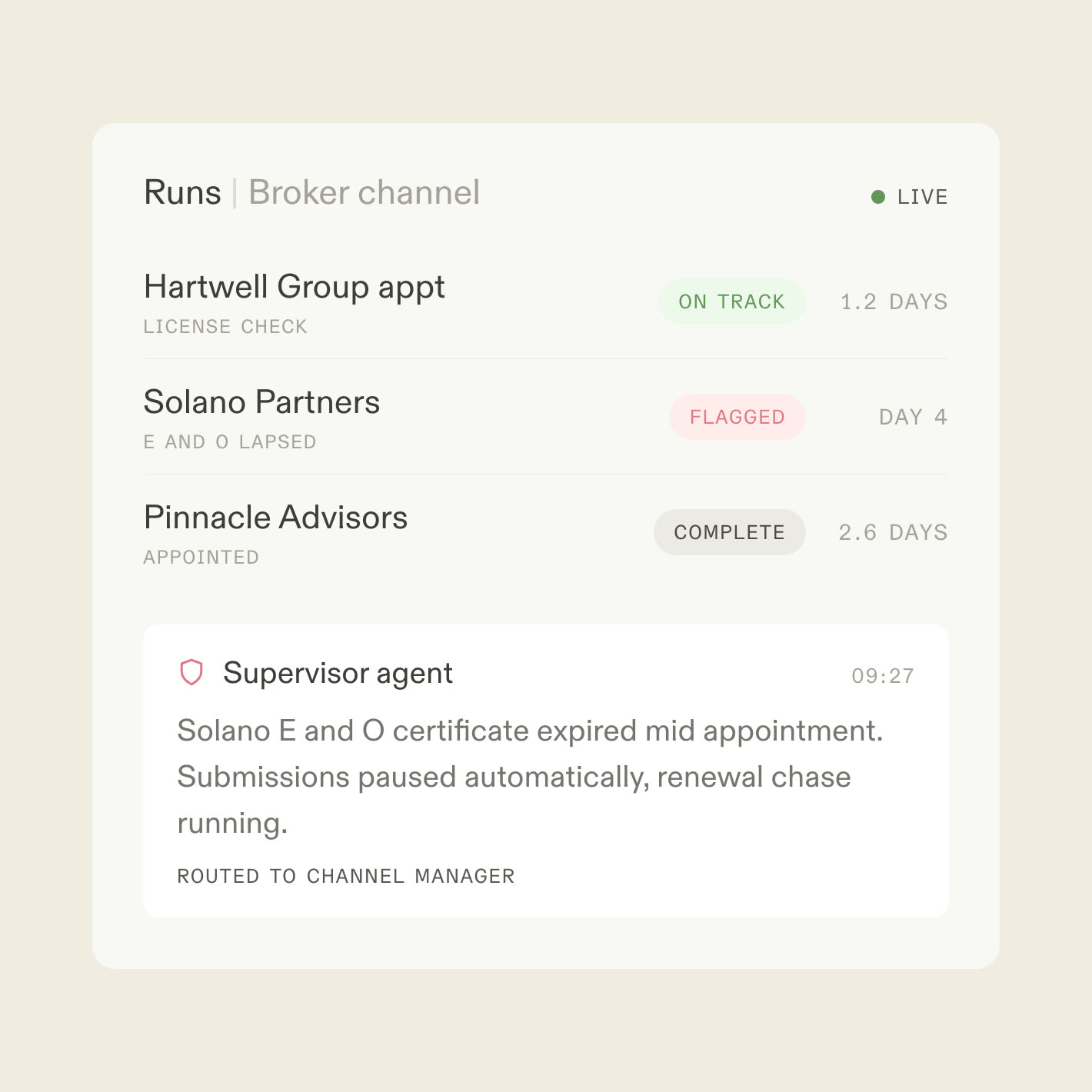 A live runs console for broker operations with one broker flagged by a supervisor agent