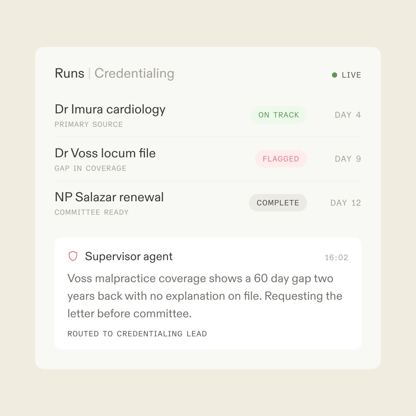 A live runs console for credentialing files with one provider flagged by a supervisor agent