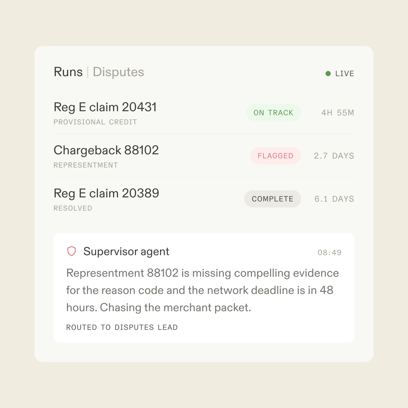 A live runs console for disputes with one chargeback flagged by a supervisor agent