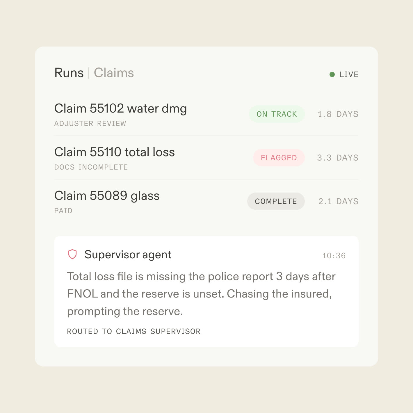 A live runs console for insurance claims with one claim flagged by a supervisor agent