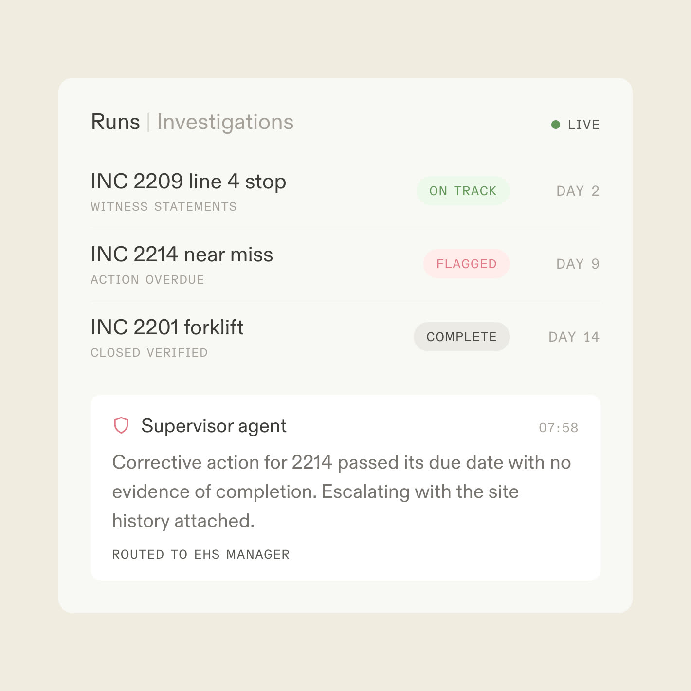 A live runs console for incident investigations with one action flagged by a supervisor agent