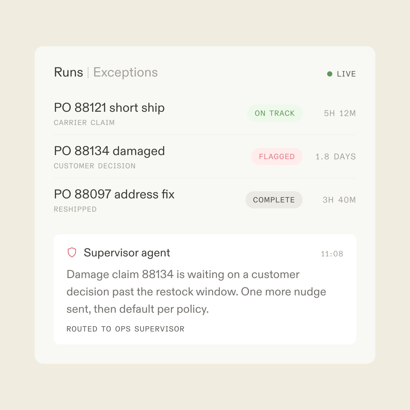 A live runs console for order exceptions with one order flagged by a supervisor agent