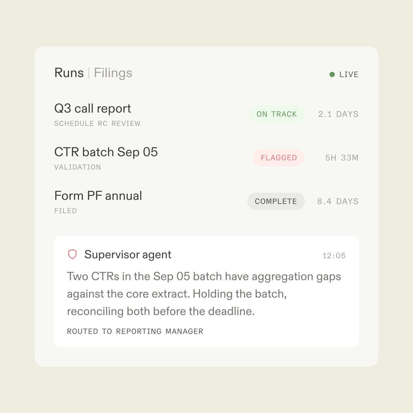 A live runs console for regulatory filings with one batch flagged by a supervisor agent