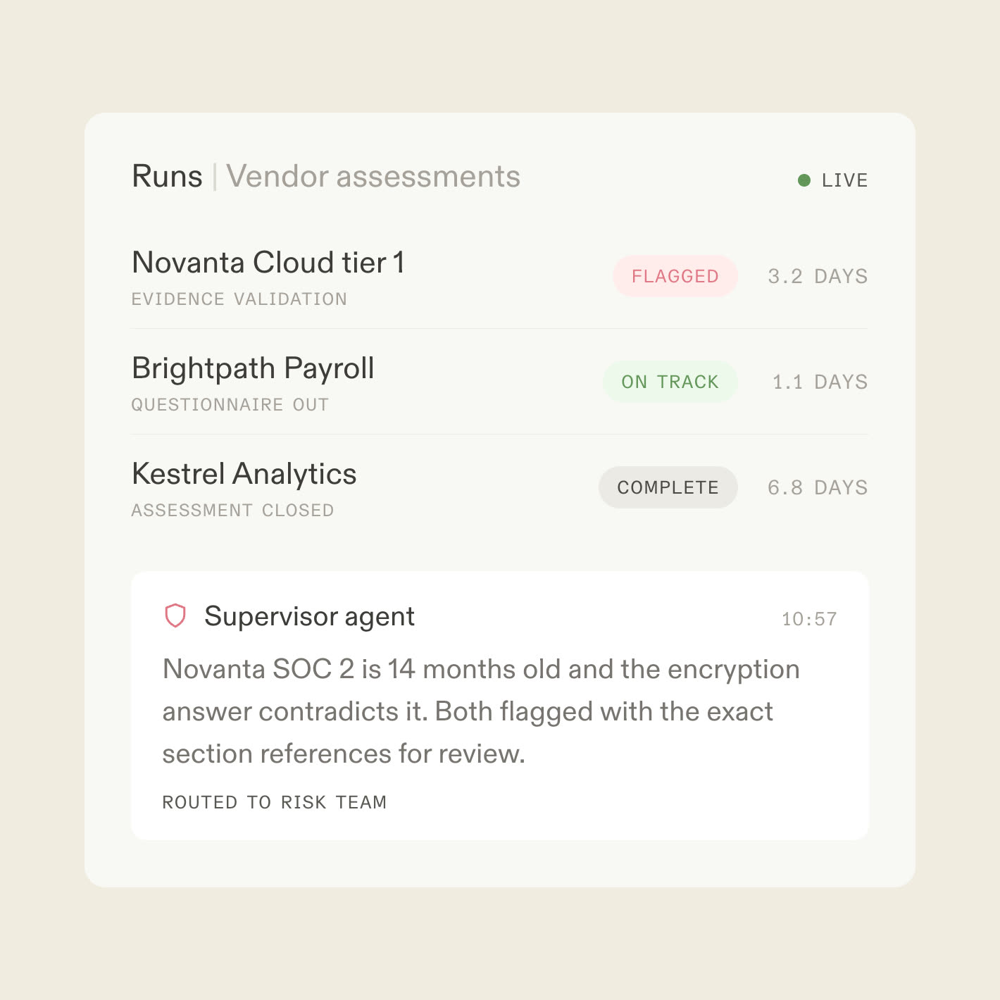 A live runs console for vendor assessments with one vendor flagged by a supervisor agent