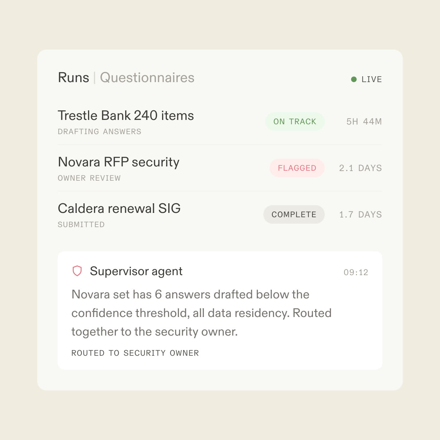 A live runs console for security questionnaires with one set flagged by a supervisor agent