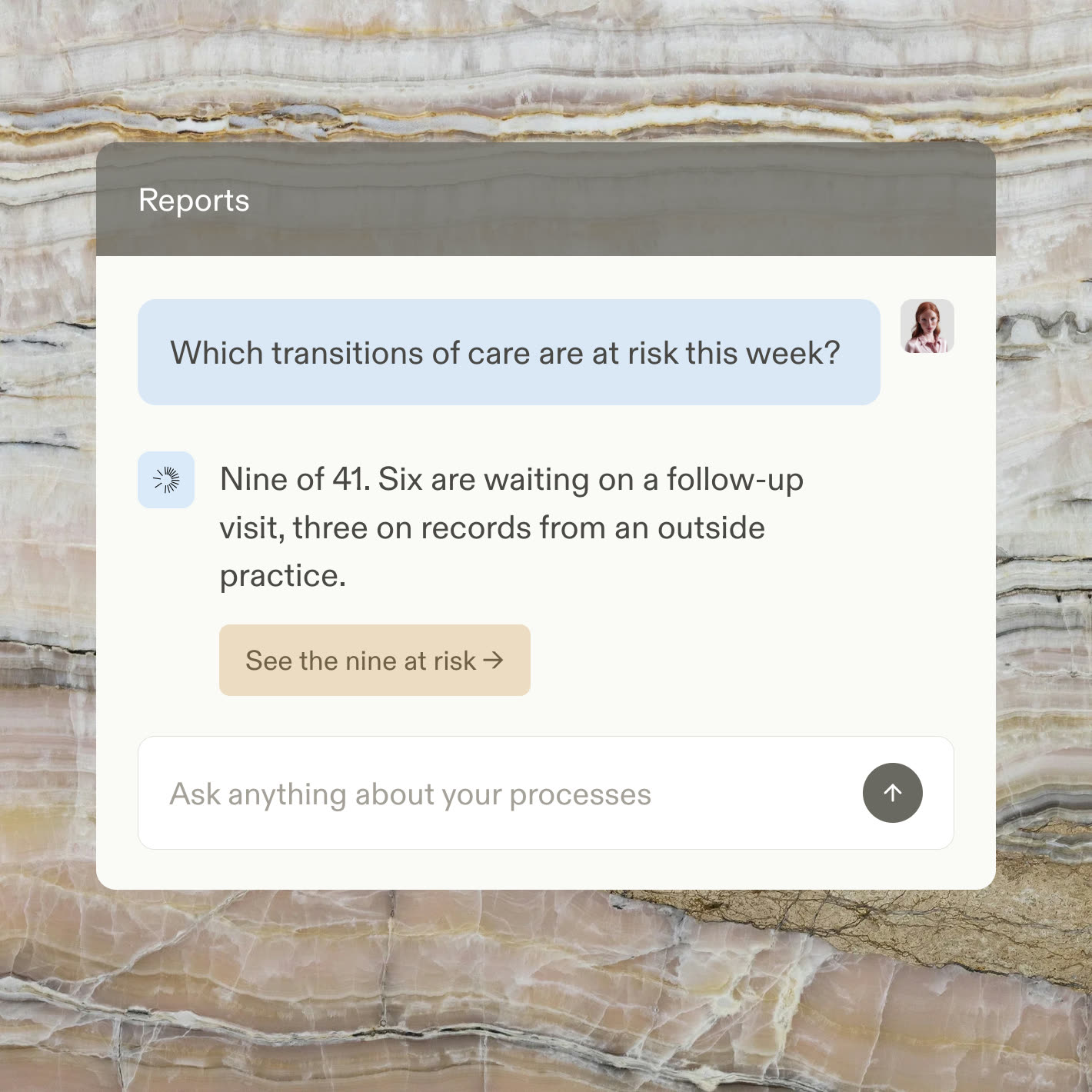 A reports chat answering which care transitions are at risk this week