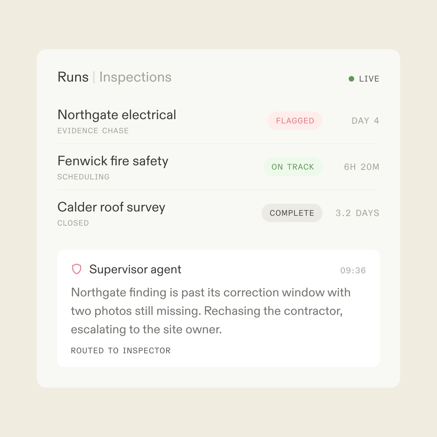 A live runs console for inspections with one finding flagged by a supervisor agent