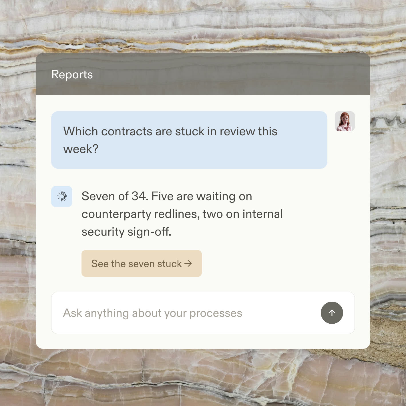 A reports chat answering which contracts are stuck in review