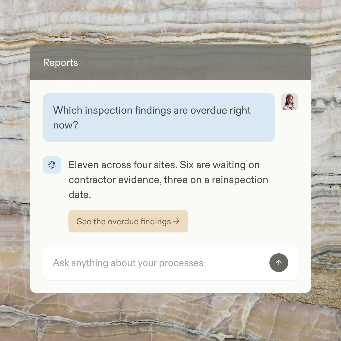 A reports chat answering which inspection findings are overdue