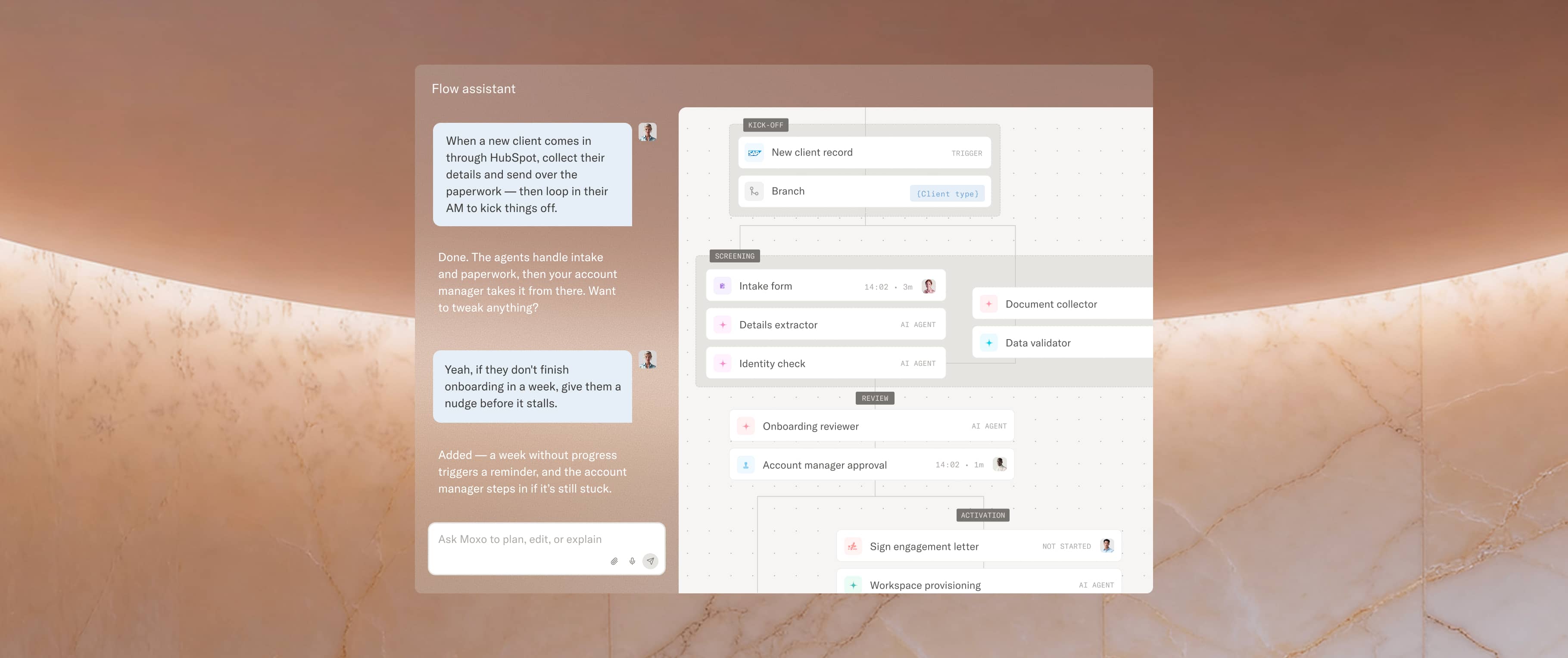 A Moxo workflow with people and AI agents working through each step together