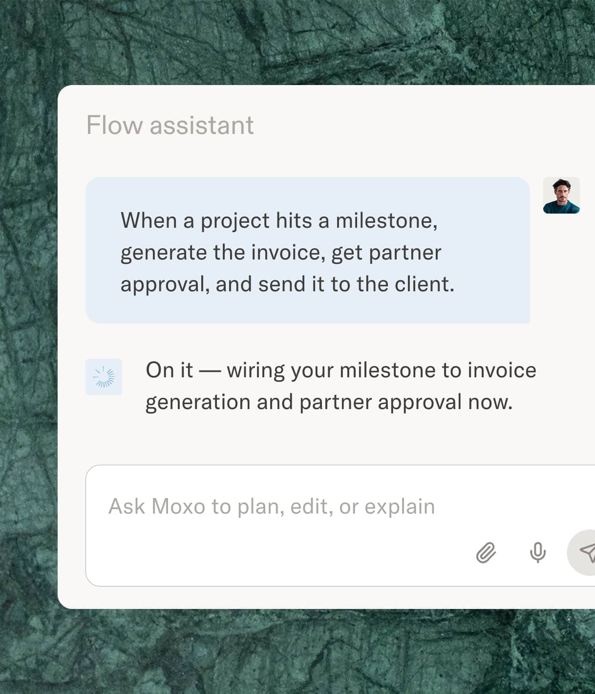 Moxo platform building a workflow from a plain-language request