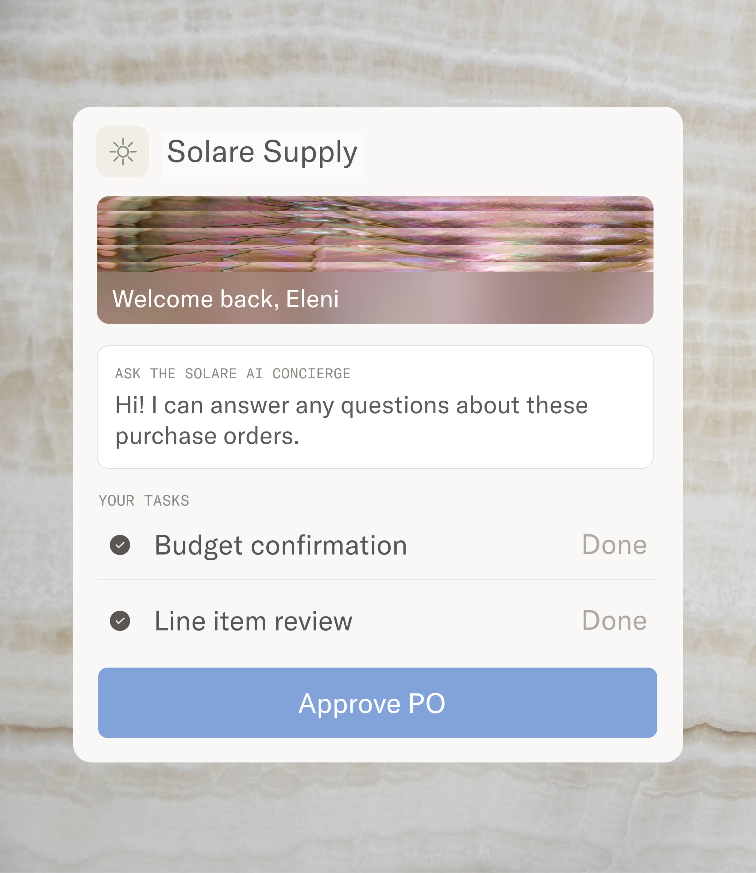A branded Moxo portal where a client approves a purchase order
