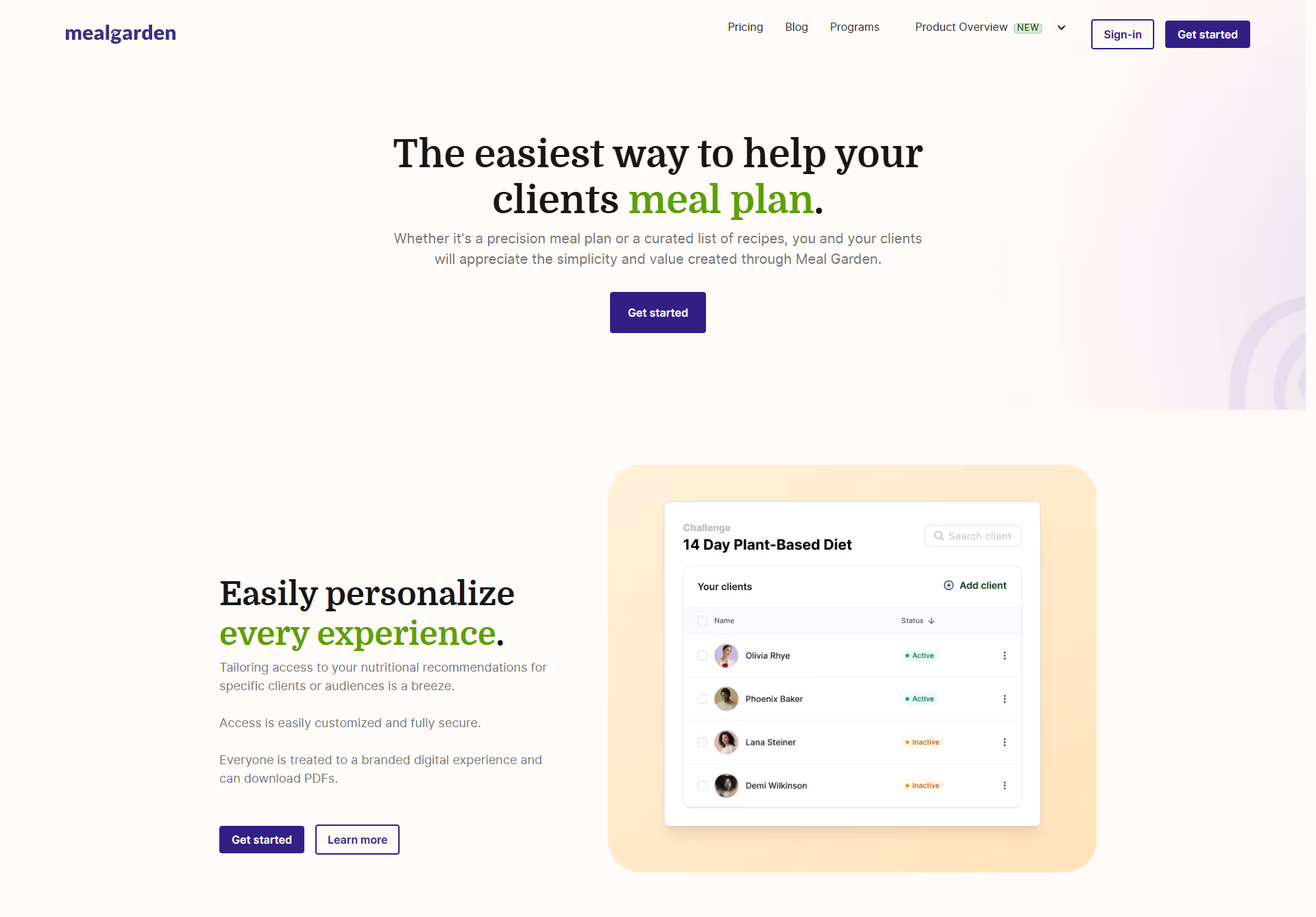 Landing page of a personal meal planning website featuring personalizing tools for users.
