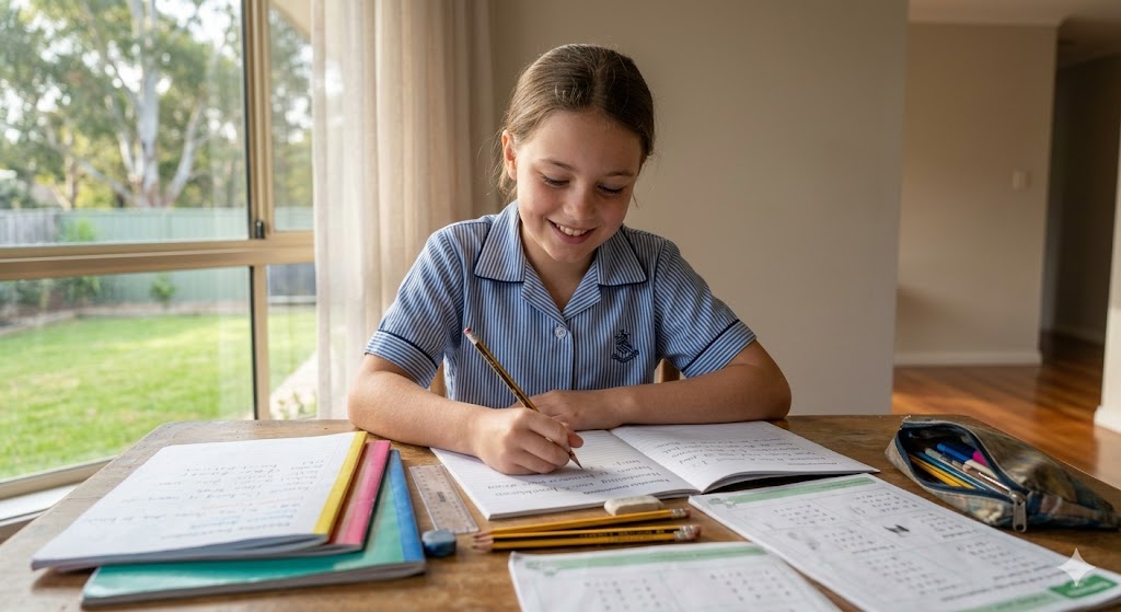 A happy student sitting at a desk, studying and smiling while using a laptop.