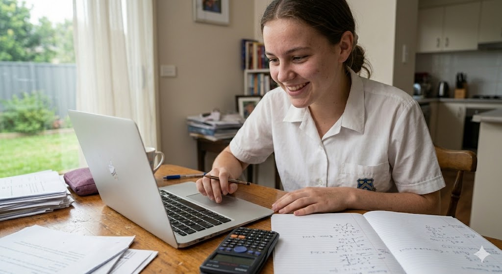 A happy student sitting at a desk, studying and smiling while using a laptop.