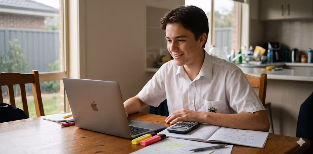 A happy student sitting at a desk, studying and smiling while using a laptop.