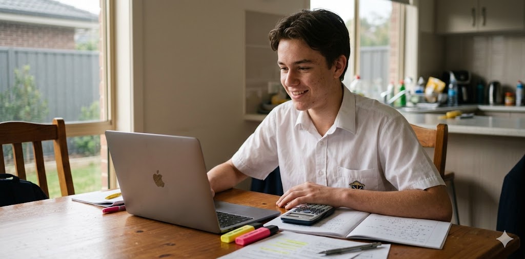 A happy student sitting at a desk, studying and smiling while using a laptop.