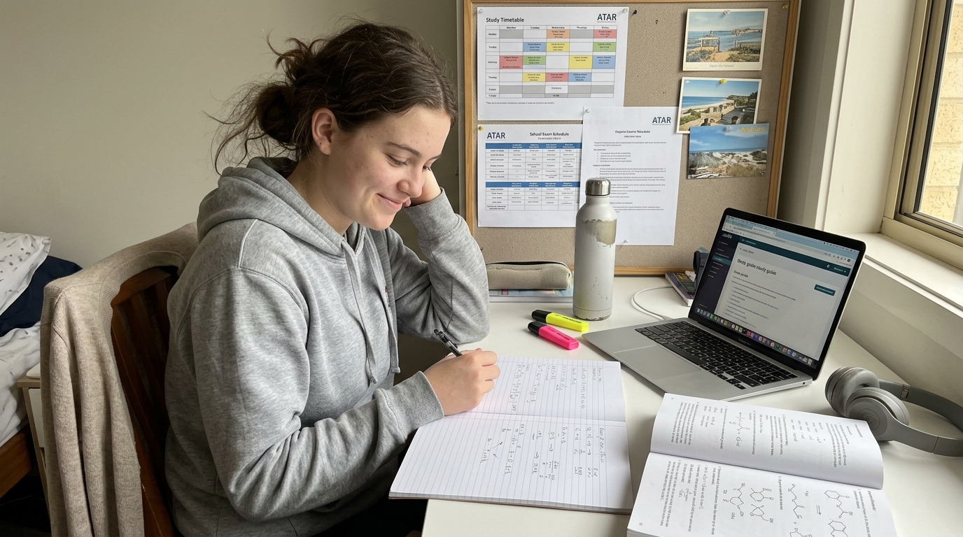 A high school student studying for an Australian secondary exam at home with notes spread across the desk