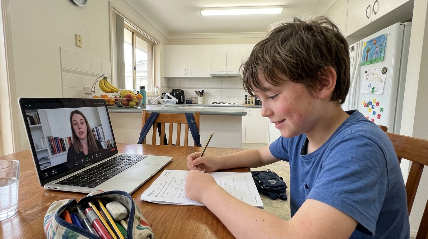 A primary school student and a tutor reviewing notes during an online lesson on a laptop