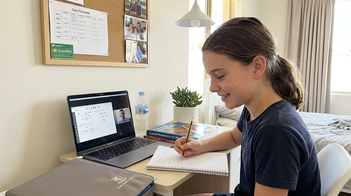 A Perth middle-school student writing in a notebook during an online tutoring lesson, working through a maths problem with a tutor