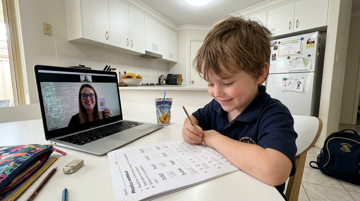 A Perth primary school child smiling at their worksheet during an online tutoring lesson with the tutor visible on a laptop screen