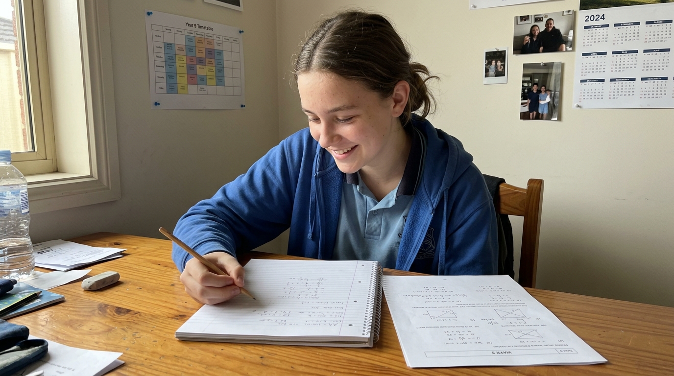 A Year 9 student smiling quietly as a maths problem clicks at their bedroom desk