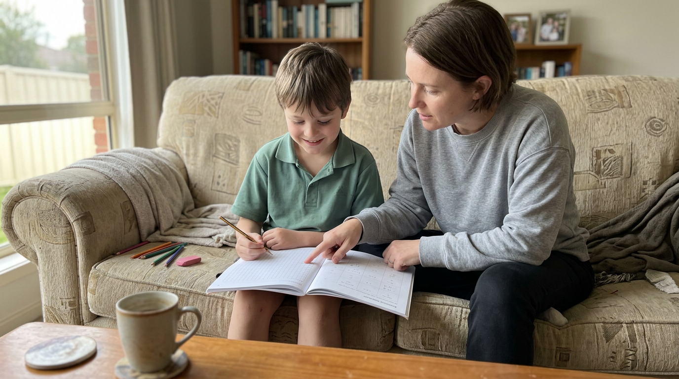 A primary-school child working through an exercise book on the couch with a parent gently helping