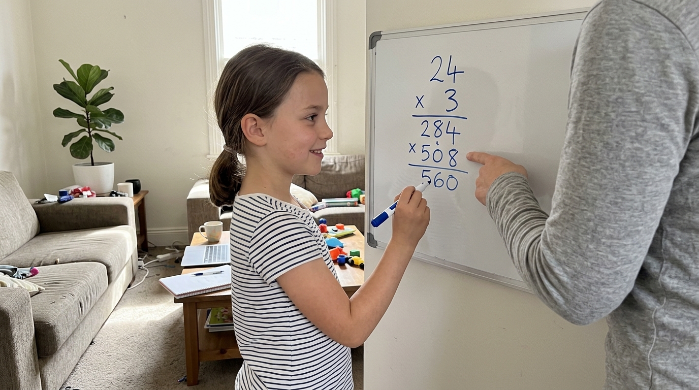 A Year 4 student standing at a small whiteboard in her family living room, explaining a maths step to her tutor whose hand is mid-point at the board