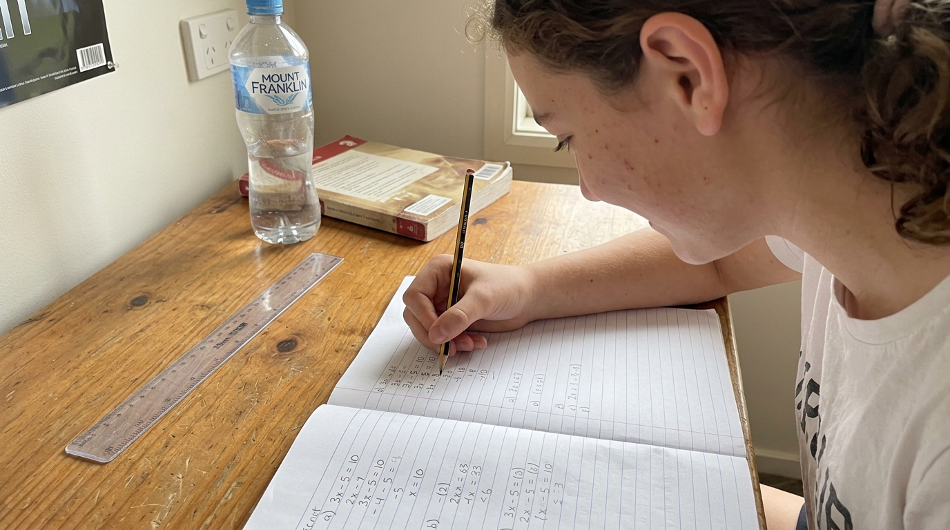 An over-the-shoulder view of a Year 8 student writing the next step of a maths working in her exercise book, with a small private smile that says she just got it