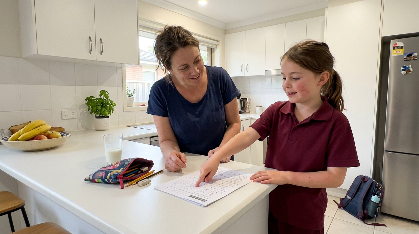 A primary school child explaining their tutoring worksheet to their parent at the kitchen island after an online lesson
