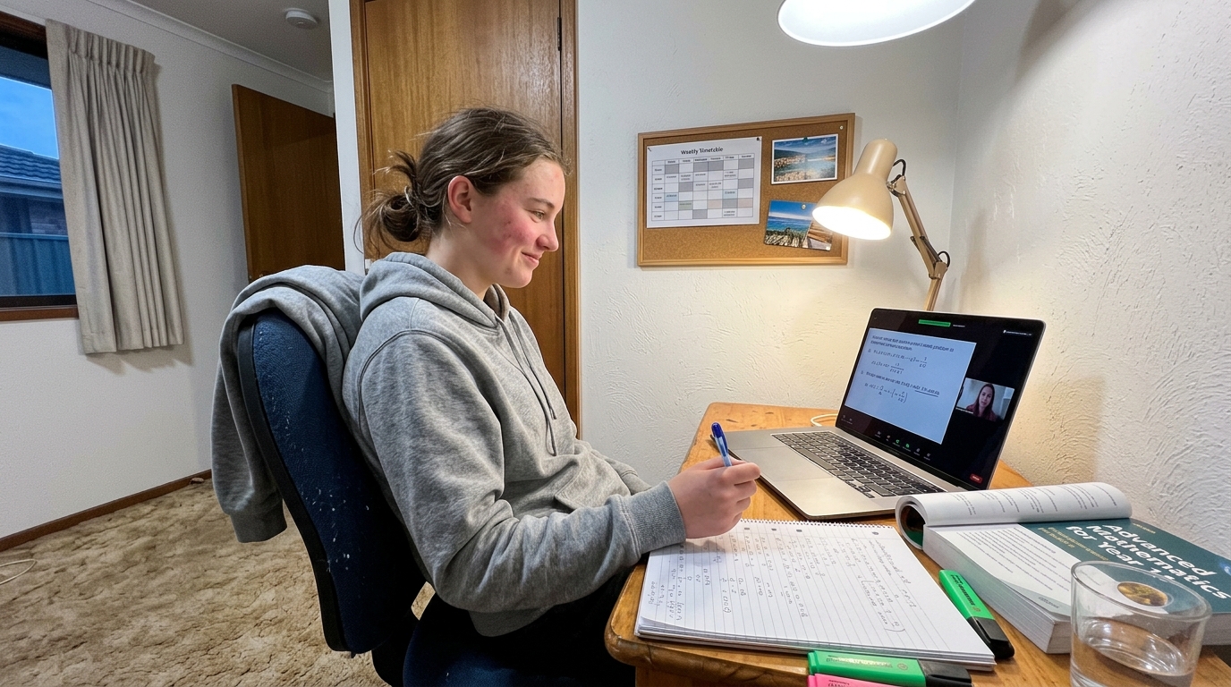 A senior high school student smiling quietly at the laptop after a maths concept clicks during an online tutoring lesson