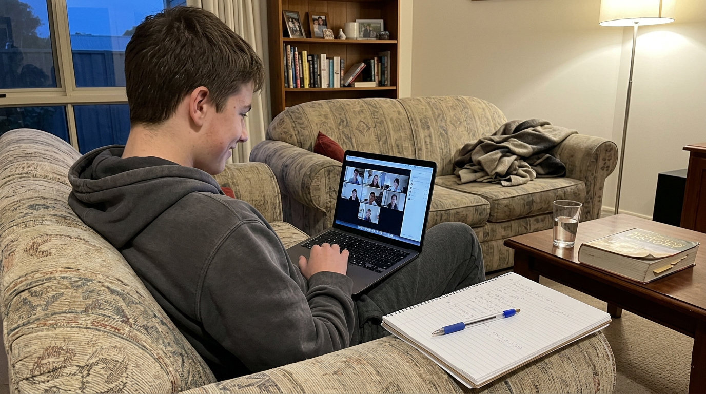 Australian high-school teen on the couch with a laptop on his lap, in an online maths tutoring session — small relieved smile after a problem clicks.