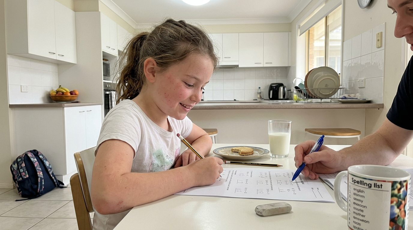 Year 4 child working through a printed worksheet at the kitchen table with a tutor sitting beside them, hand pointing at the page