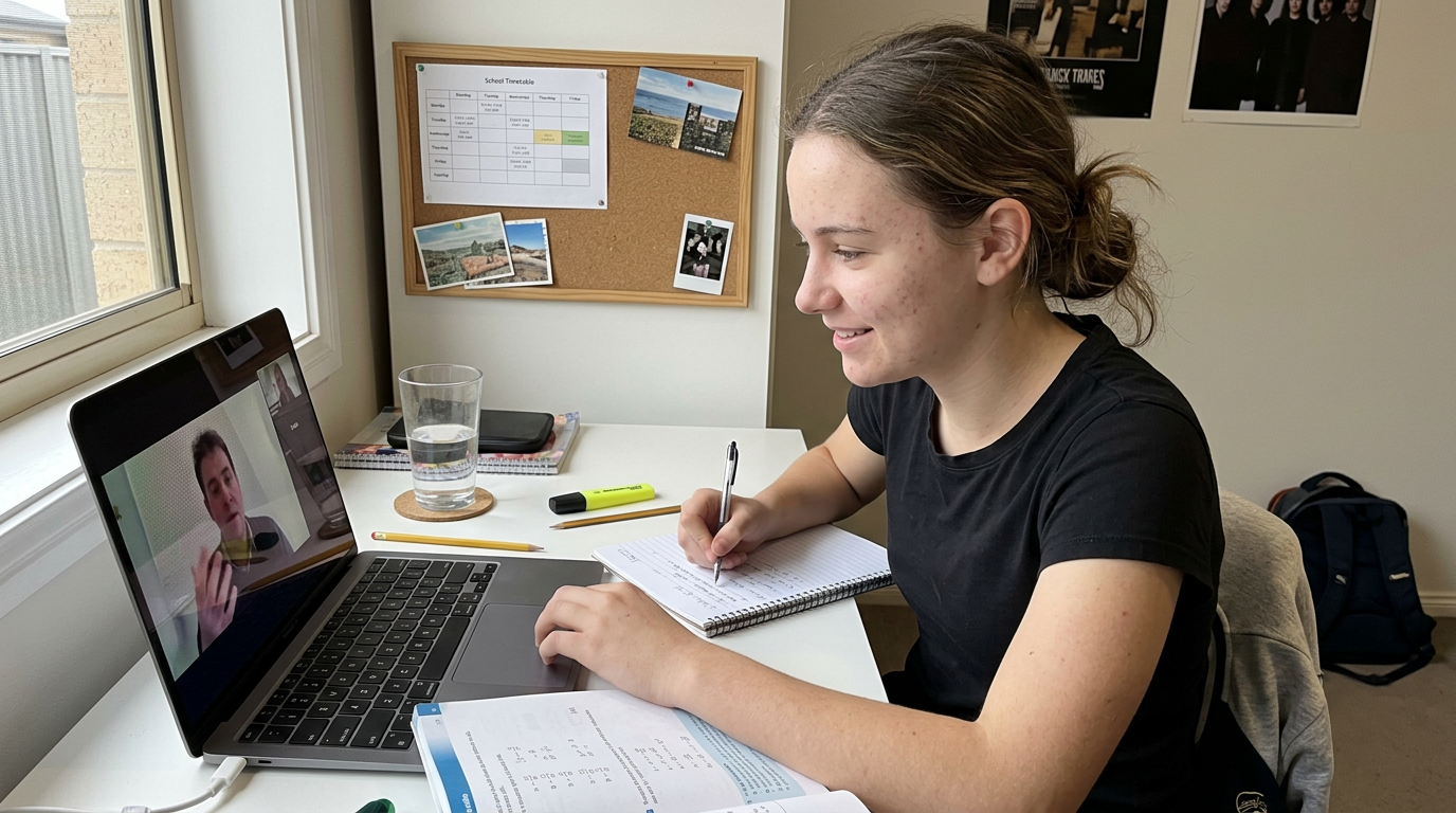 Year 10 student at her bedroom desk with a tutor visible on a laptop video call, working through a maths problem
