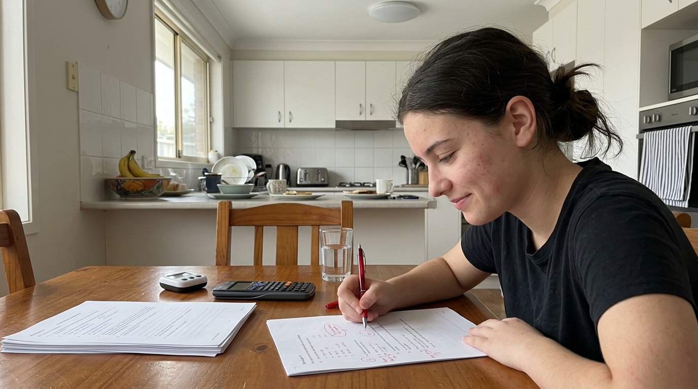 A Year 11 student at the kitchen table working through a printed past paper and editing answers with a red pen