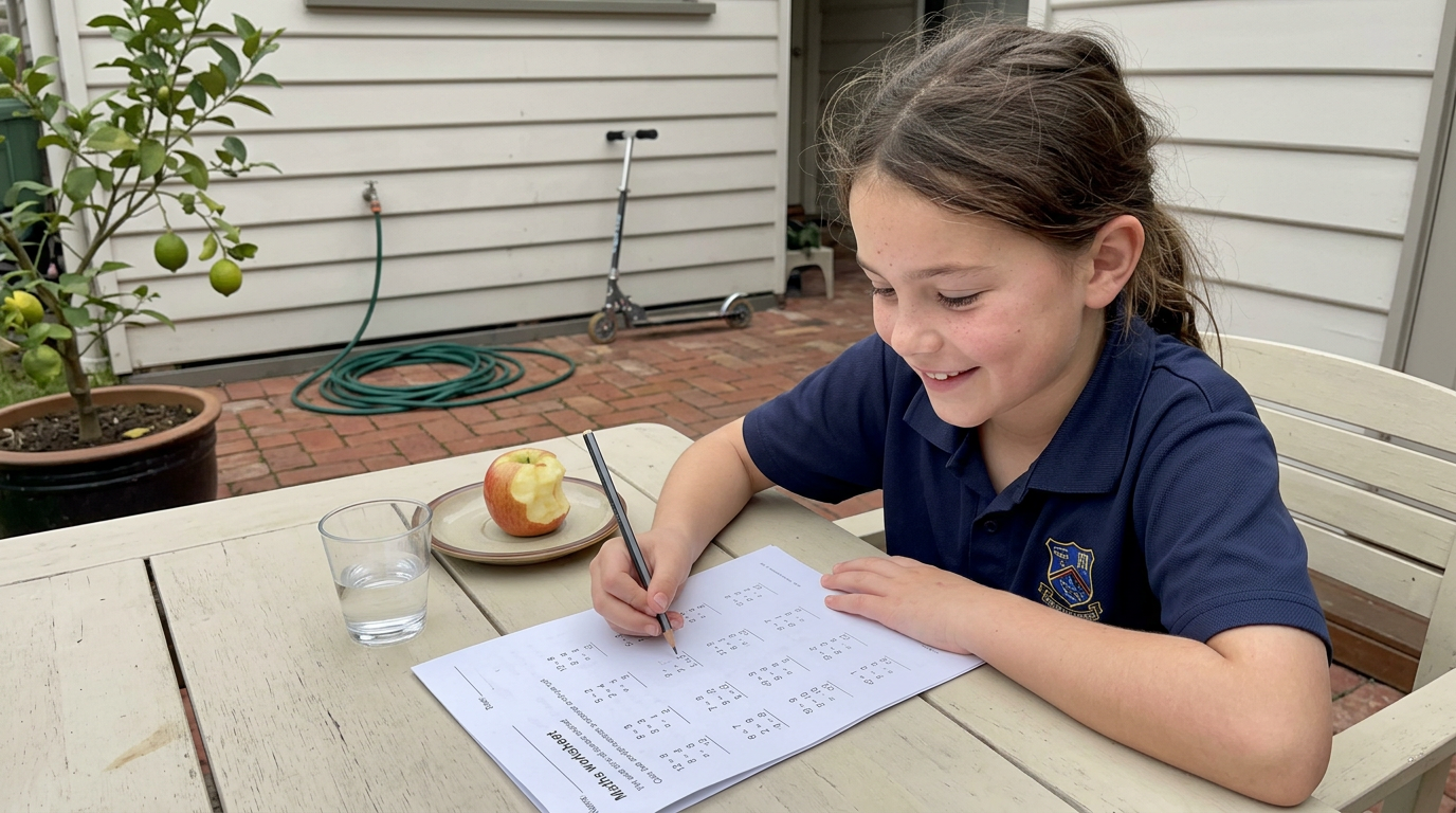 A primary-school child concentrating on a printed maths worksheet at a backyard patio table after school — no devices, fresh air, single task