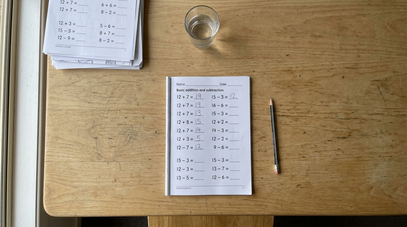 A child's homework workspace with one open worksheet, a pencil and a glass of water — no phone, tablet or laptop, set up for one task at a time