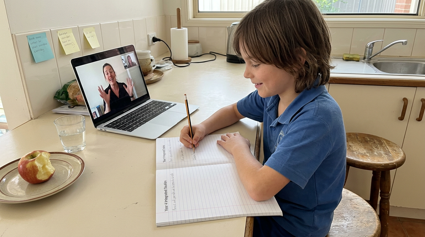 Primary student writing in a notebook at a kitchen counter while a tutor explains on the laptop screen beside them