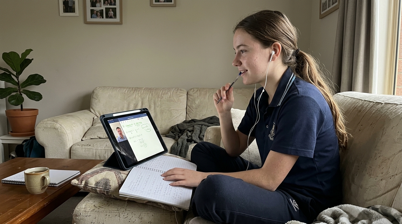 Year 11 Australian student in an online maths tutoring session on her iPad on the sofa