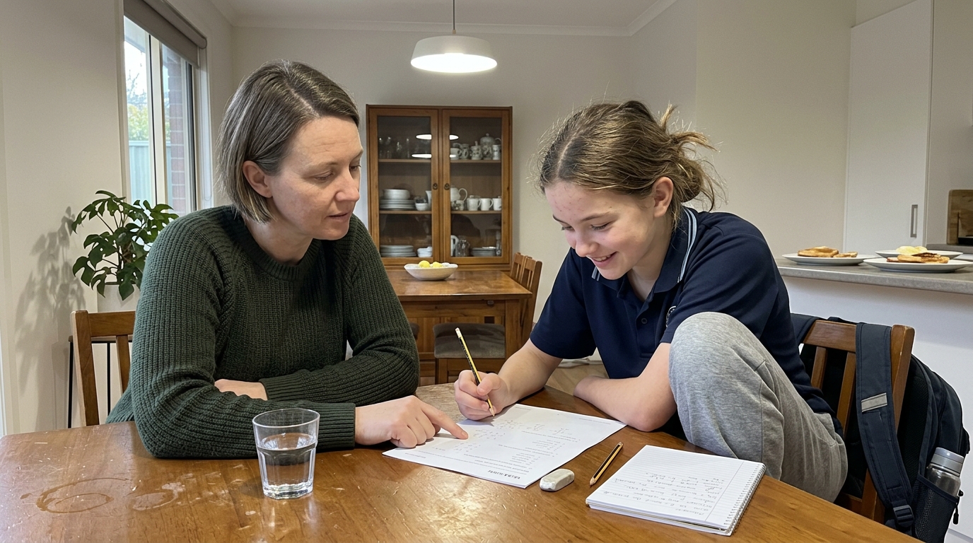 A Melbourne Year 8 student working through a printed maths past-paper at the dining table with their mum sitting beside them, both looking at the page