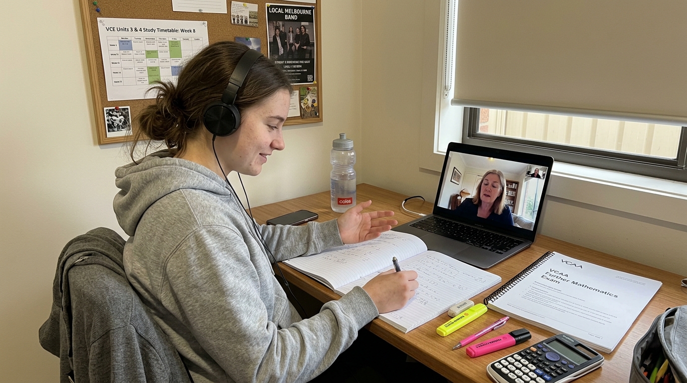 A Melbourne Year 12 VCE student in headphones during an online tutoring session with a VCAA practice exam and exercise book on the desk
